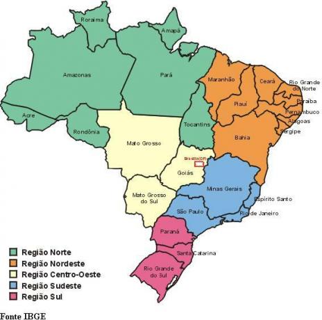 Brasil kart med stater og hovedsteder