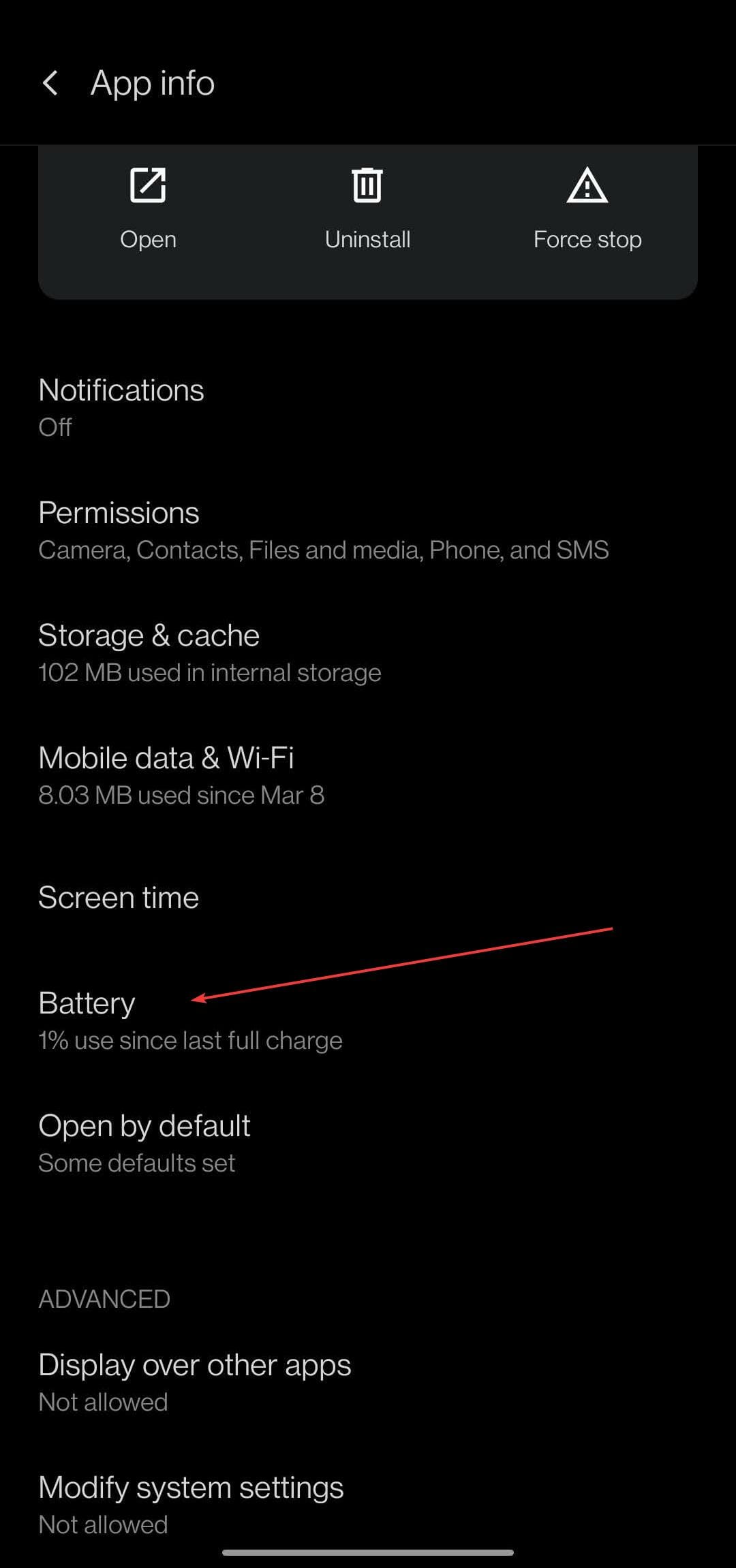 Expand Advanced and tap on battery.