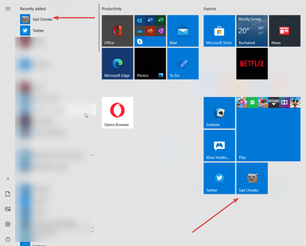 la PWA appare nel menu di avvio