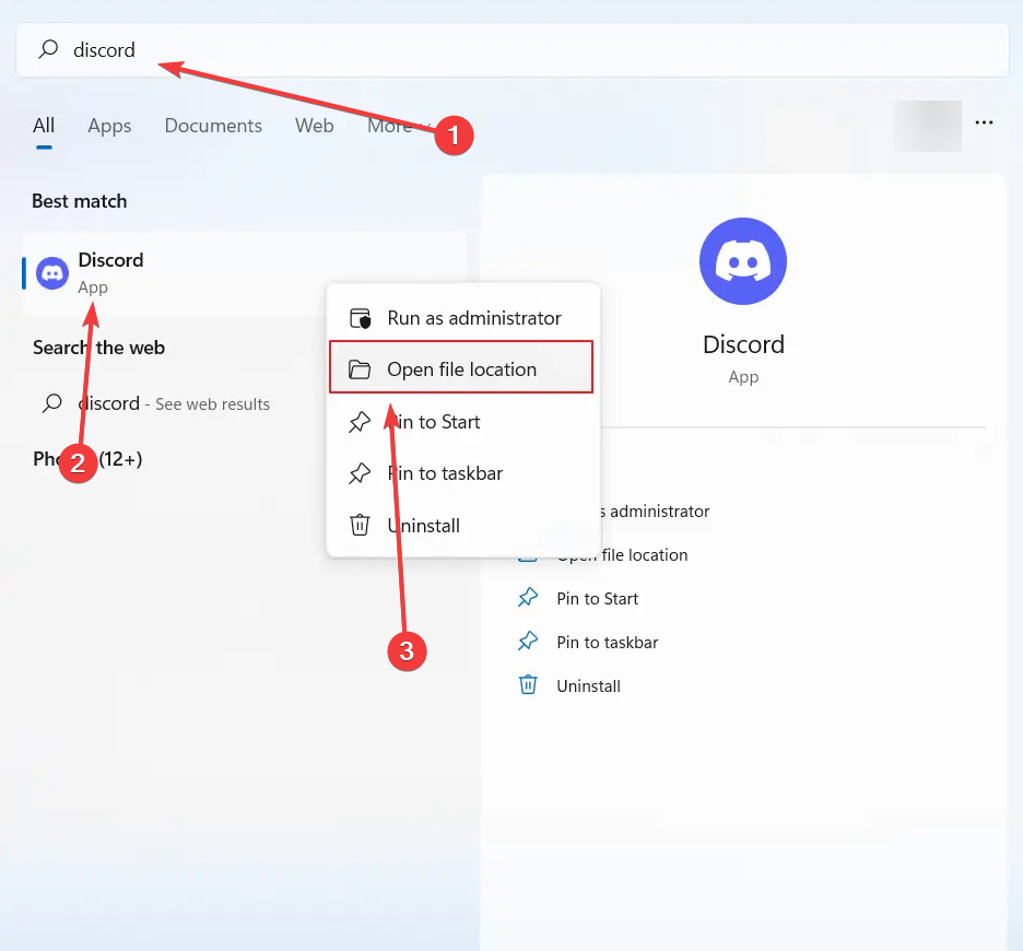 ouverture de l'emplacement du fichier Discord