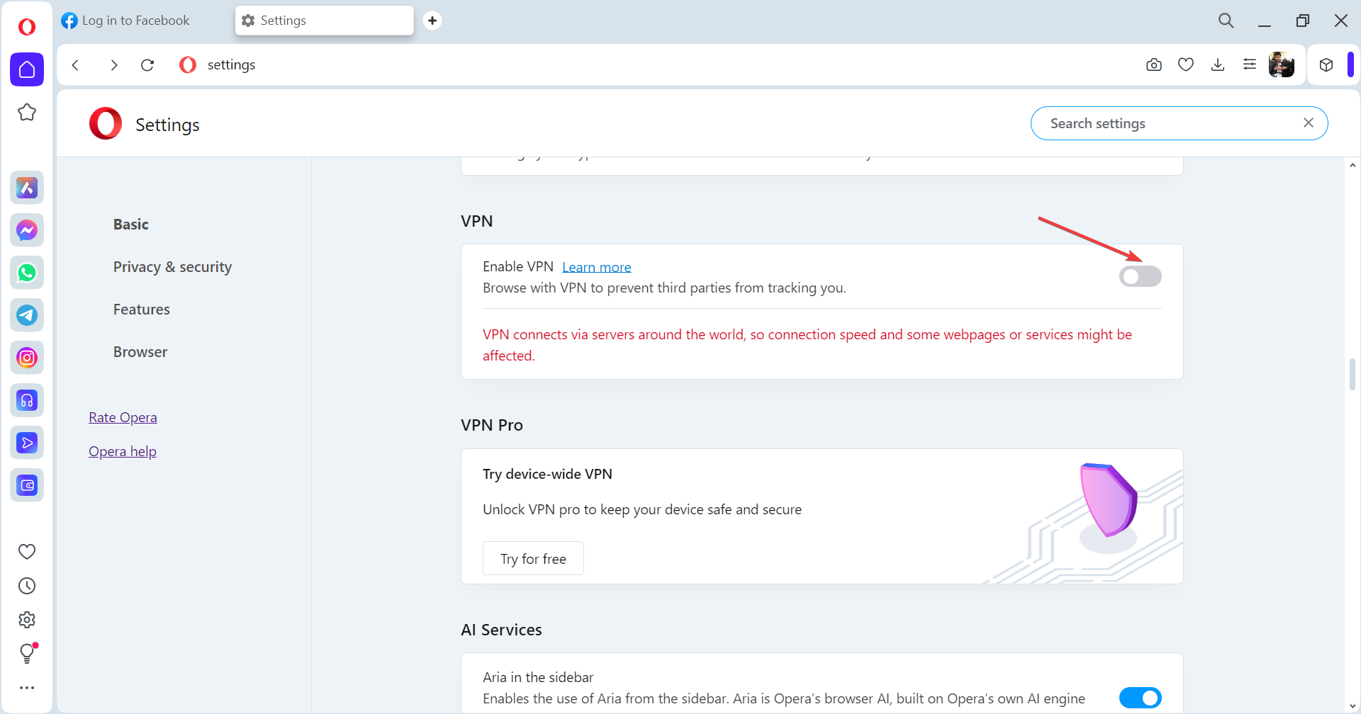 disable VPN in Opera