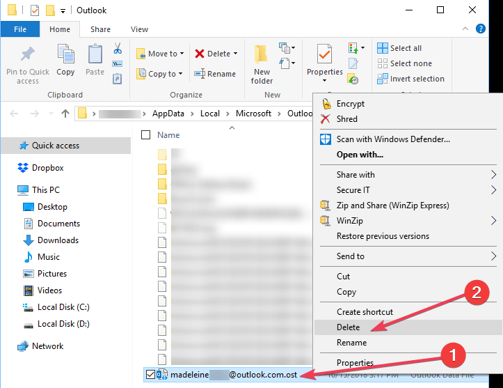 удалить ost данные outlook