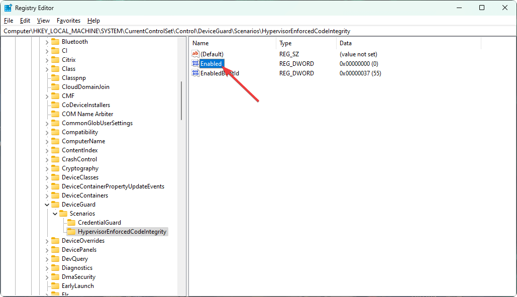 Aktiviert auf Hypervisorenforcedcodeintegrity im Windows-Registrierungseditor