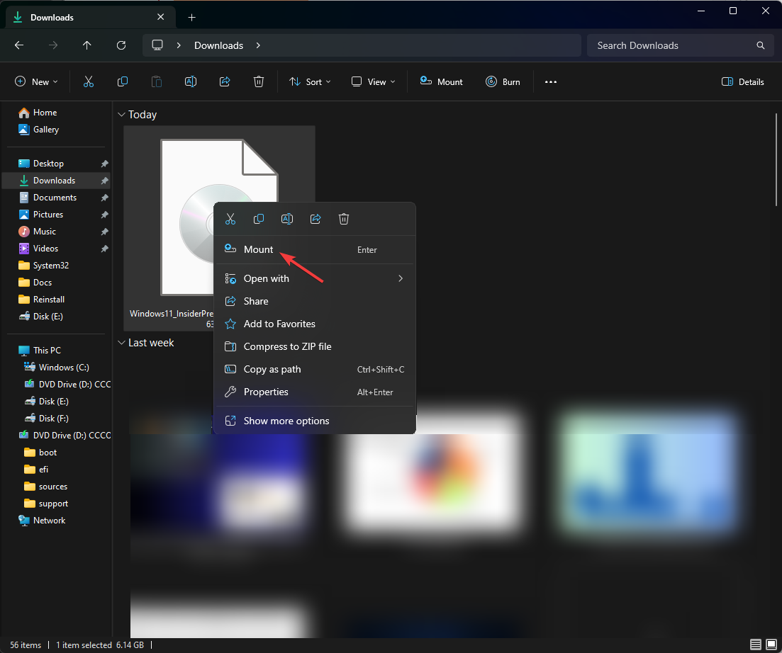 Clic droit sur le fichier téléchargé et sélectionner Monter Windows 11 23H2