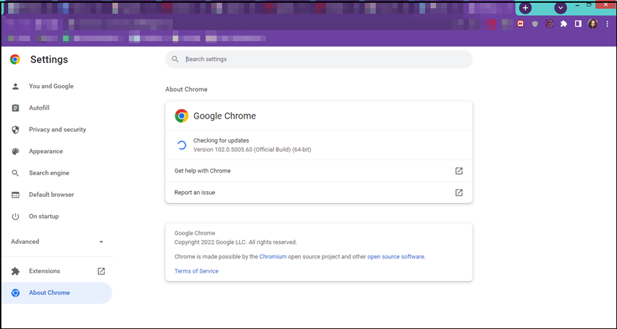 verifique se há atualização do chrome