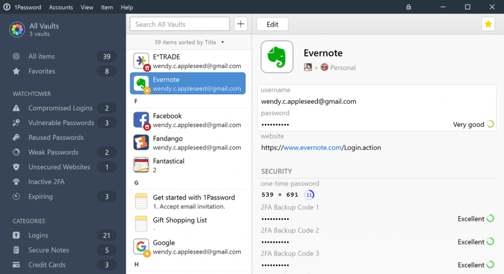 Основное окно 1Password
