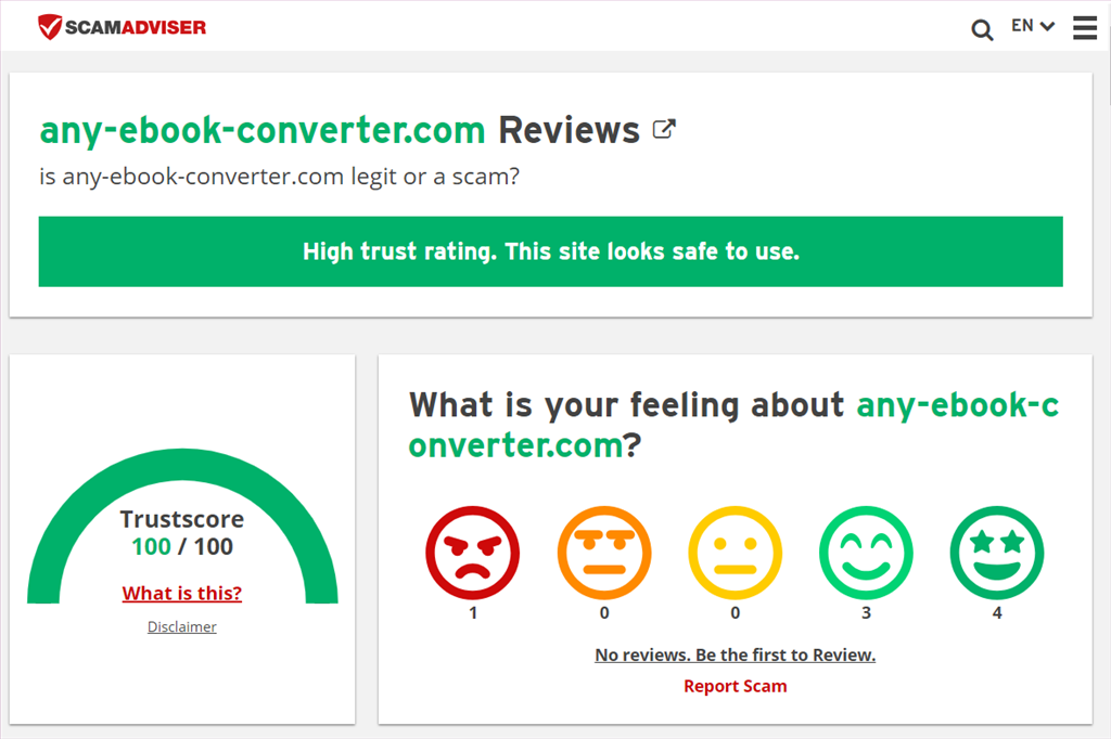 Überprüfung des Vertrauensscores von Any eBook Converter