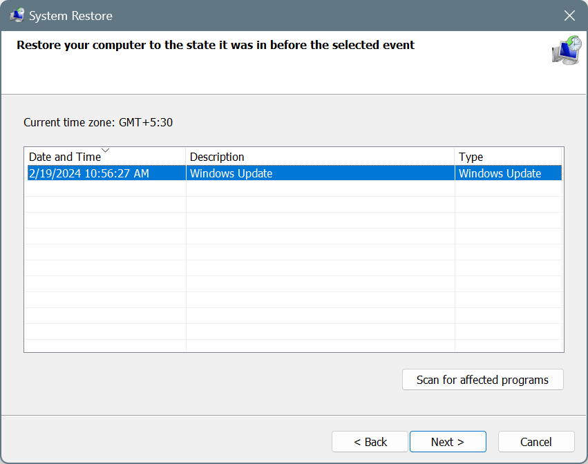 system restore select restore point