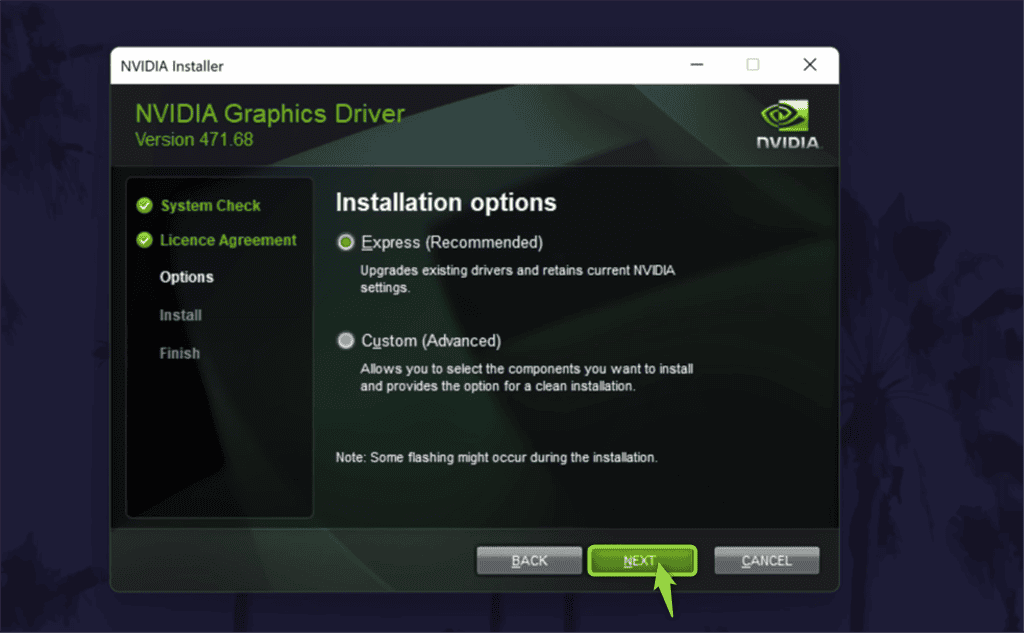 selecionando a opção de instalação expressa para o driver nvidia no windows 11