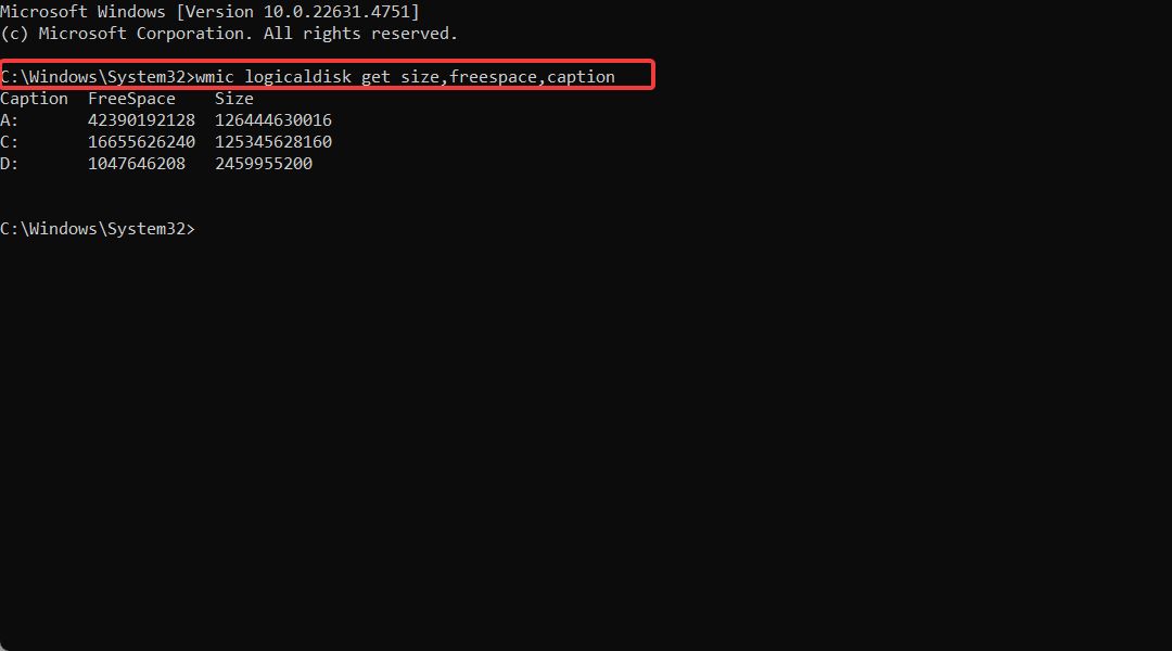 disk space check command prompt