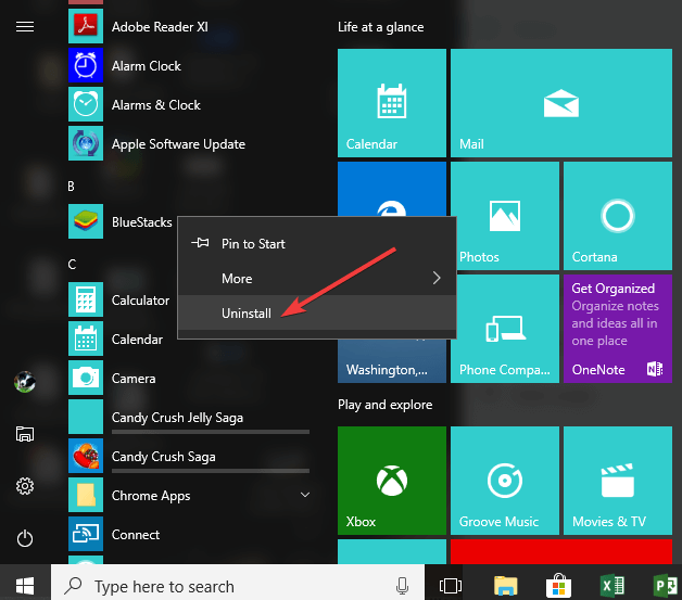 удаление программы меню Пуск windows 10