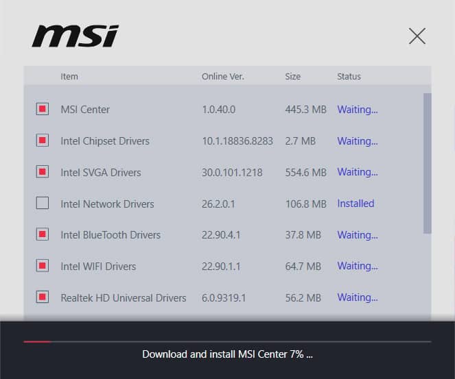 msi driver utility installer running