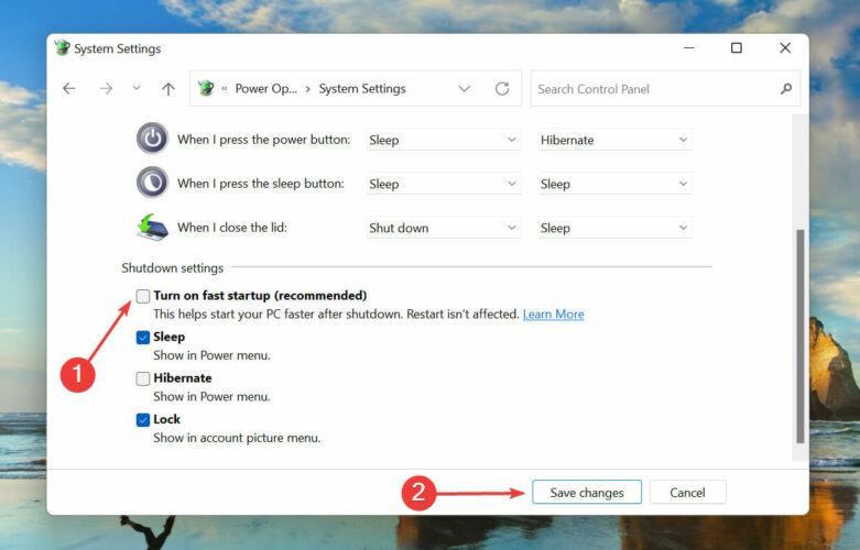 Décochez la case pour désactiver le démarrage rapide dans Windows 11