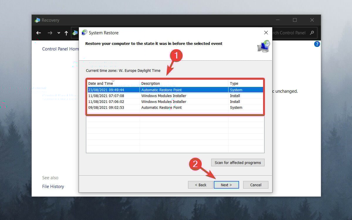 choose the restore point
