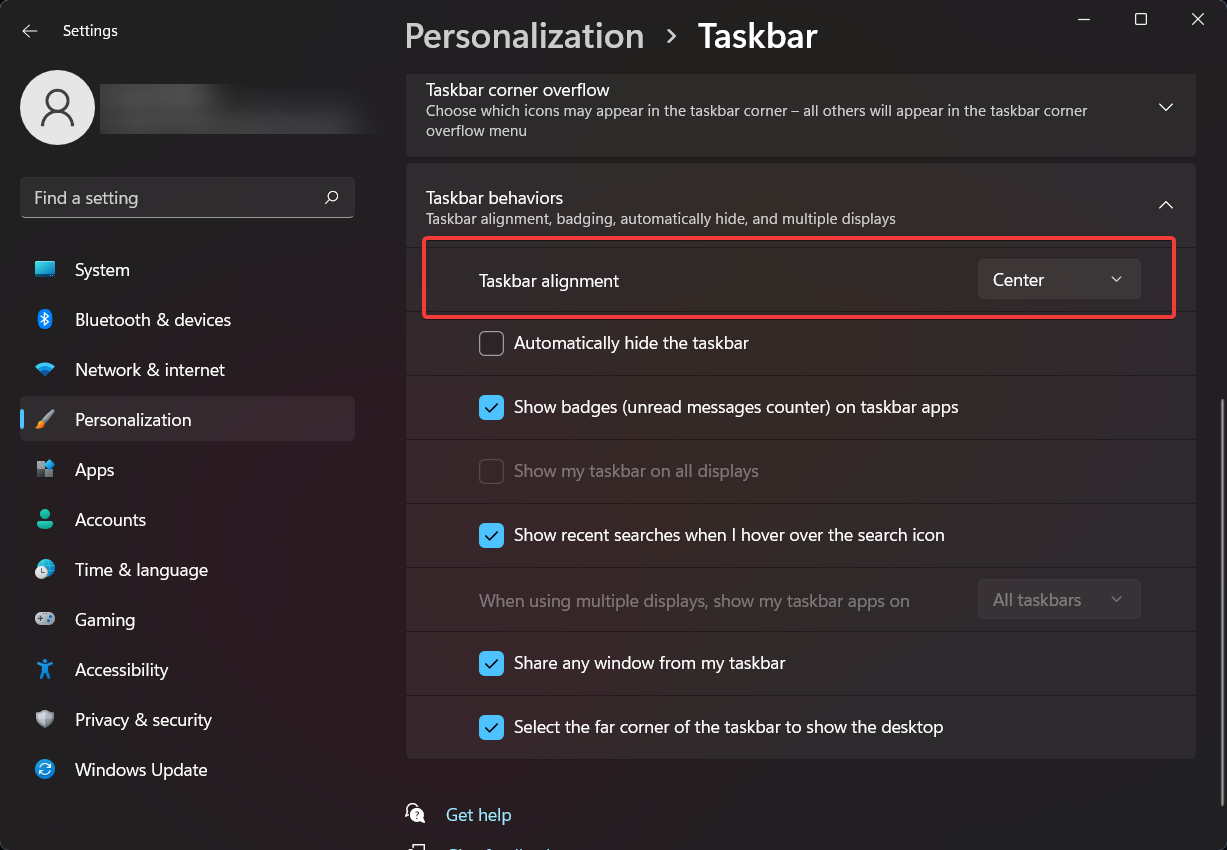 impostazioni allineamento barra delle applicazioni Windows 11