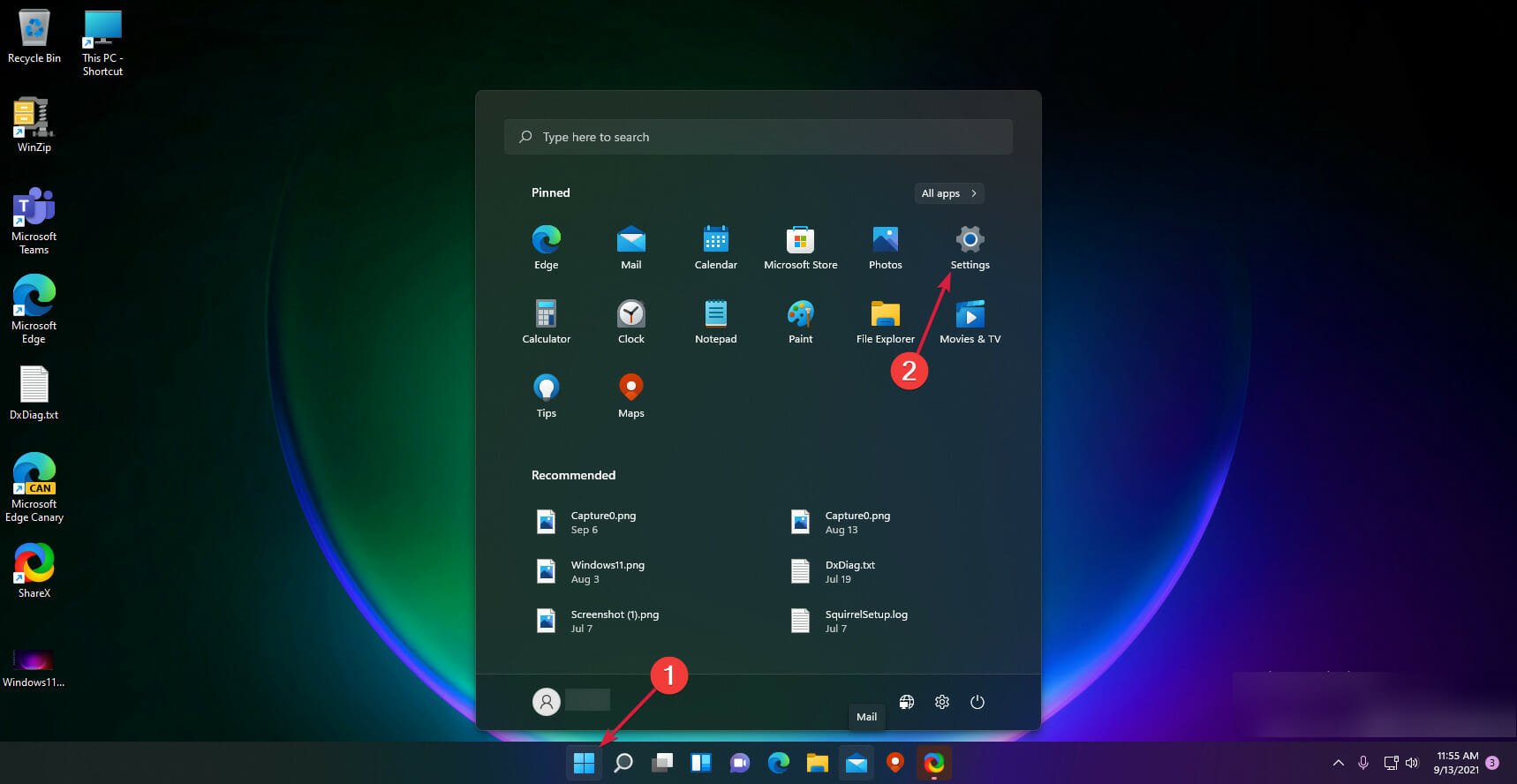 windows 11 menu iniciar configurações