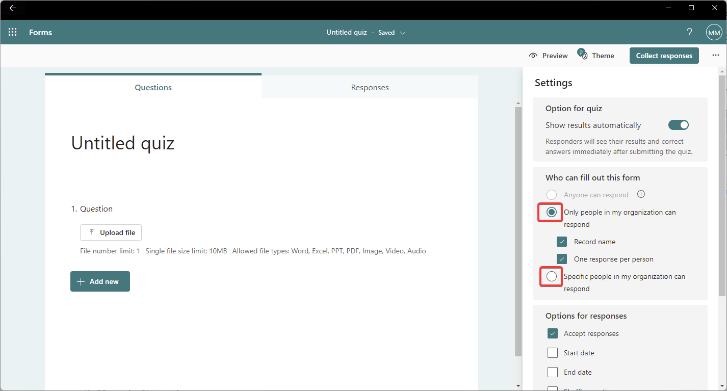 Microsoft Forms, 콘텐츠를 볼 수 있는 사용자에 대한 설정을 조정합니다.