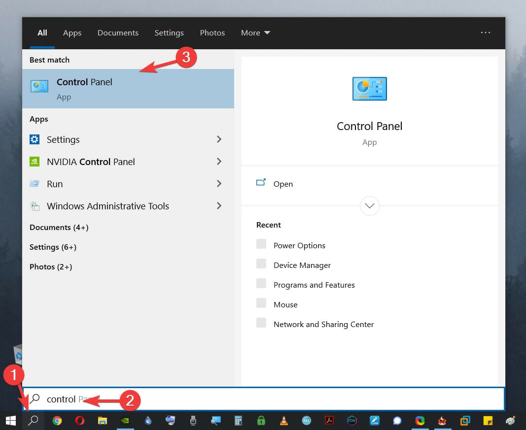 launch control panel from windows search