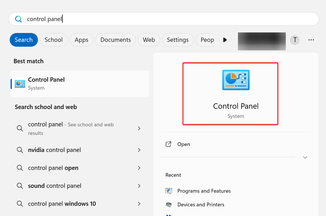 app pannello di controllo in avvio