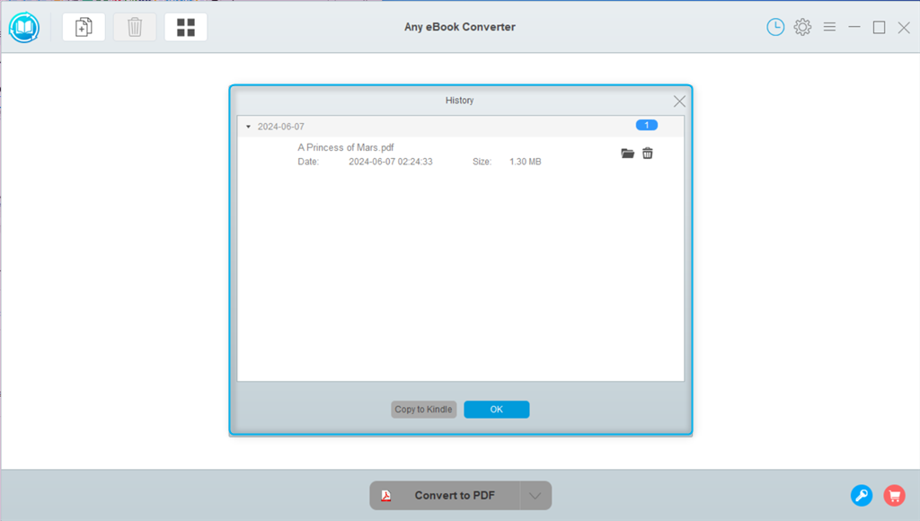 Konvertierte eBook-Datei in der Historie von Any eBook Converter anzeigen