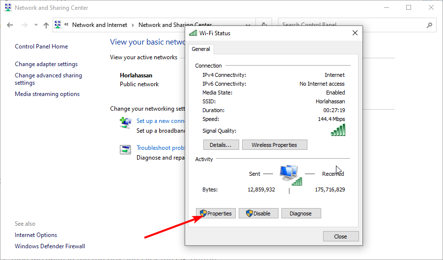 botón de propiedades problemas dns windows 10