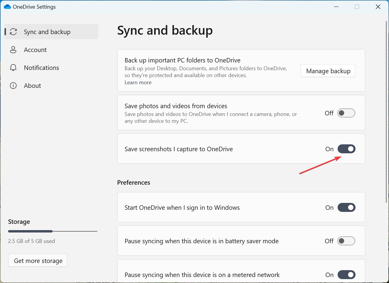 save screenshots I capture to OneDrive