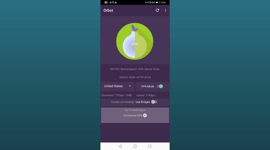 Orbot VPN abilitato e connesso