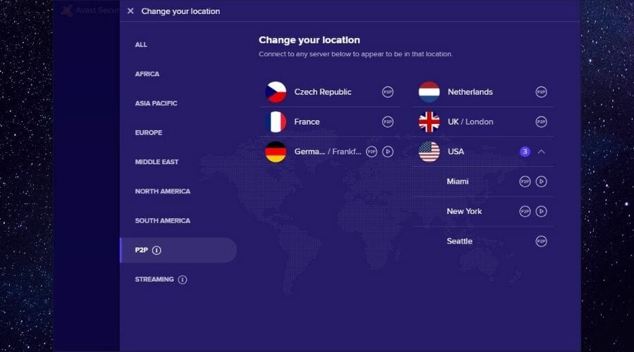 Servidores P2P do Avast VPN