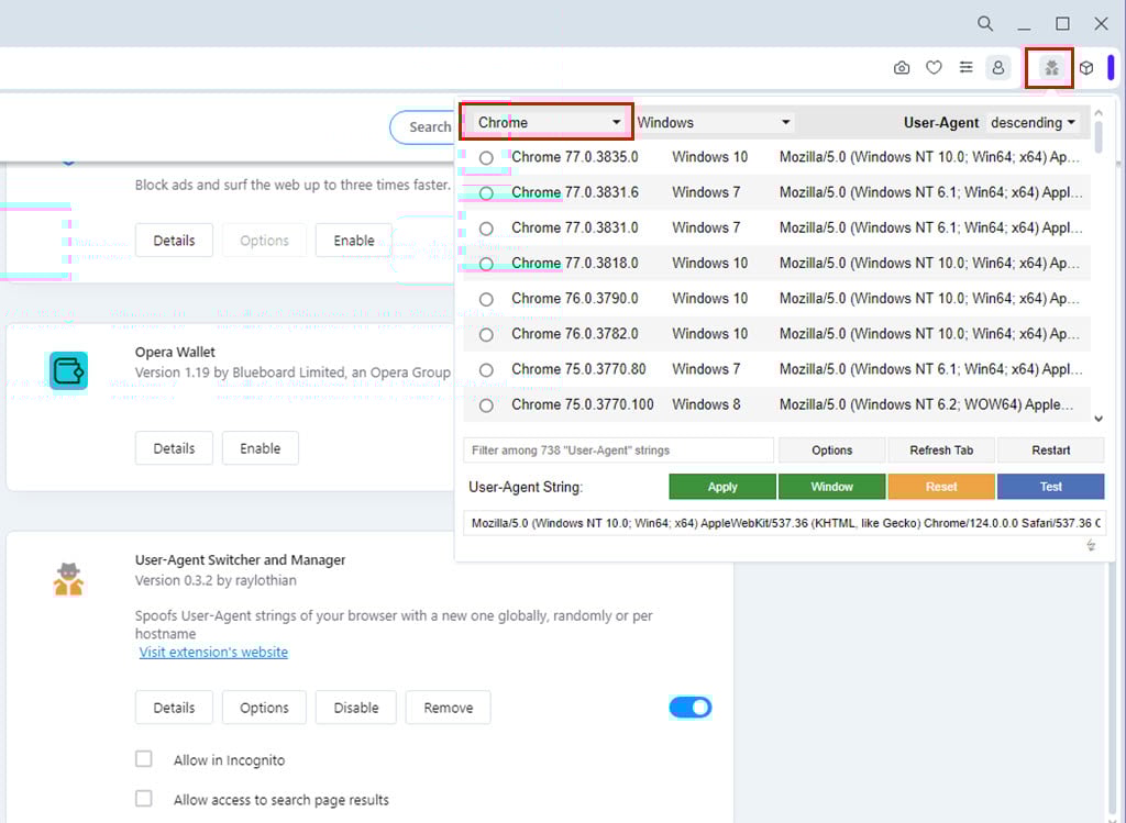click user agent list drop down