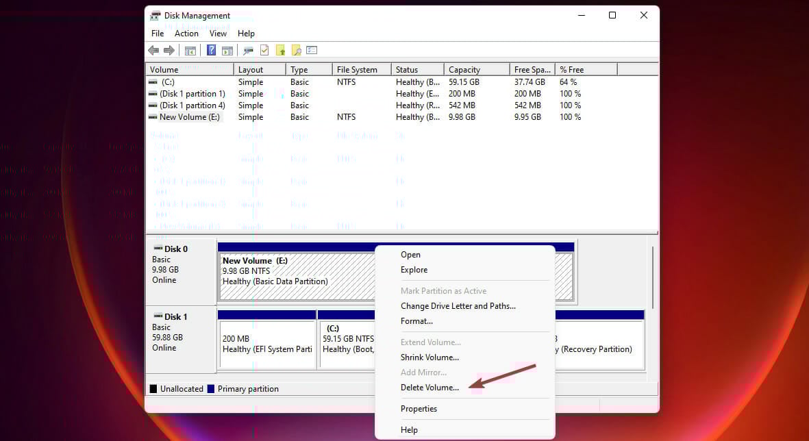 Windows 11のボリューム削除