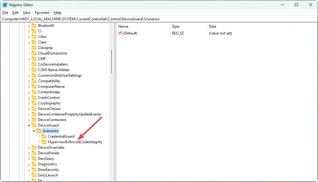 Gehen zu Hypervisorenforcedcodeintegrity im Windows-Registrierungseditor