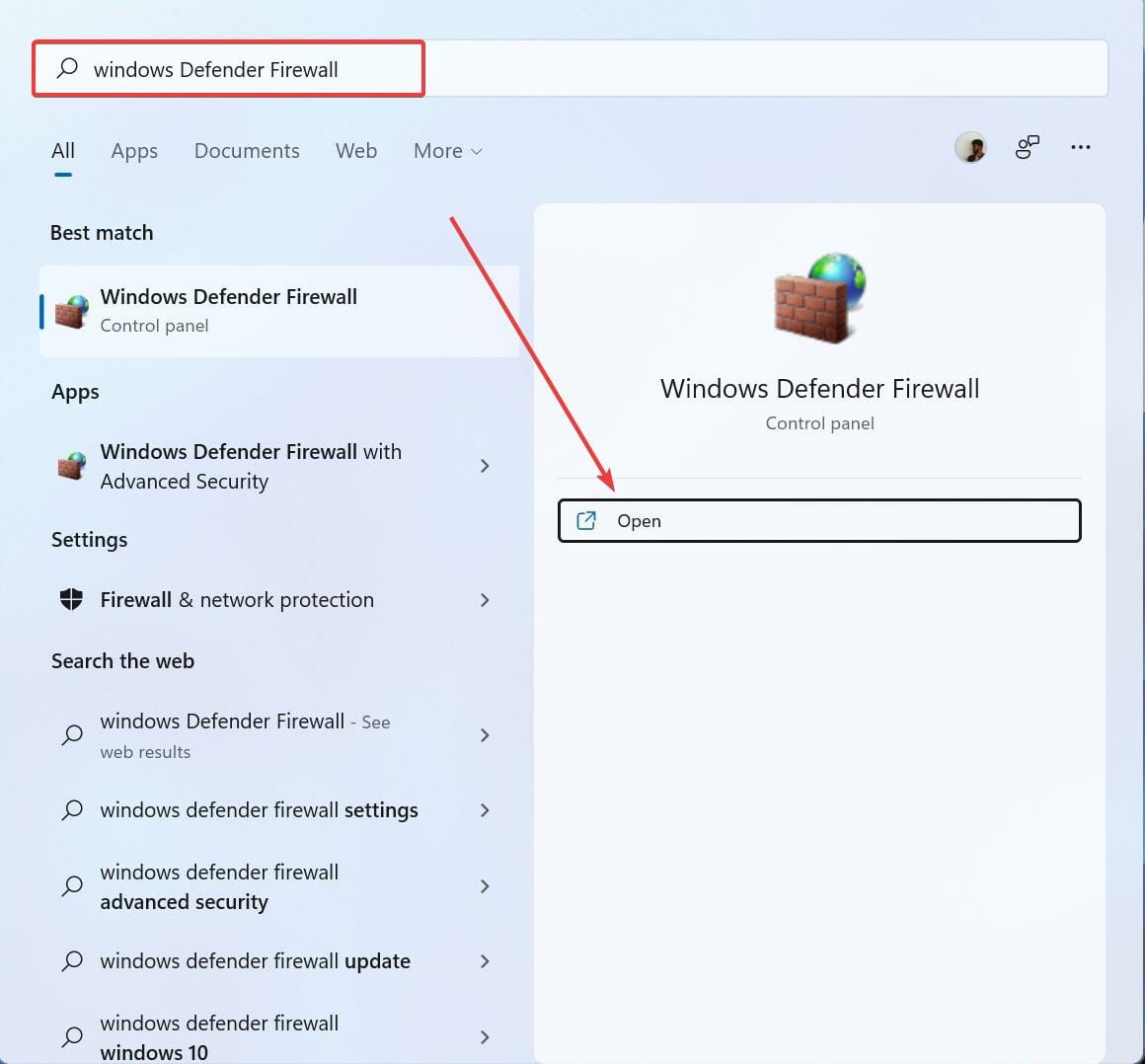 Apertura di Windows Defender Firewall dal menu Start