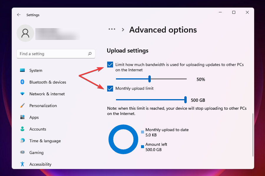 Cambia le impostazioni di upload della larghezza di banda
