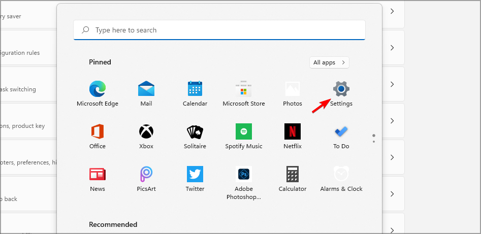 configurações menu iniciar