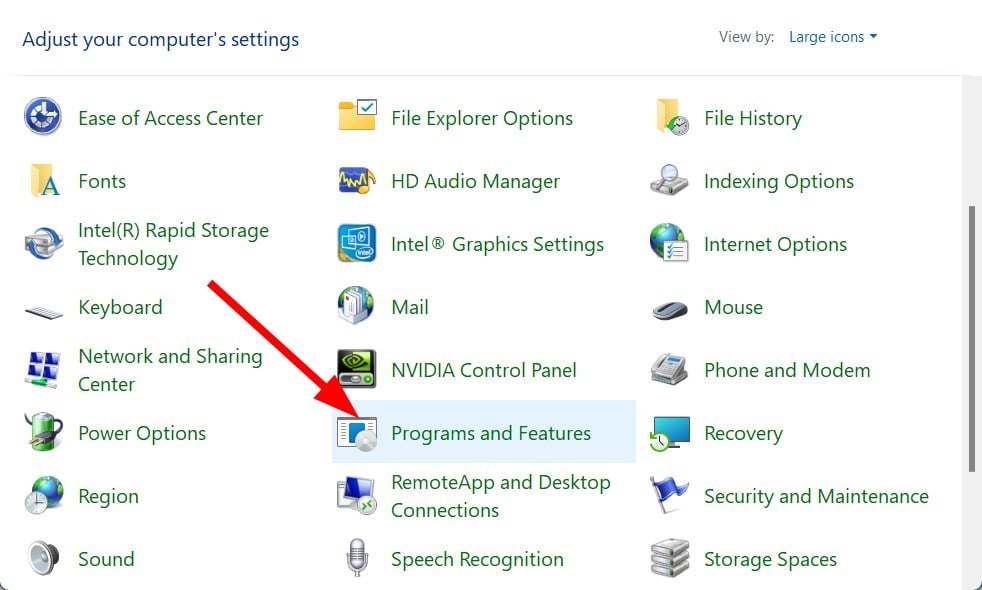 programs and features control panel