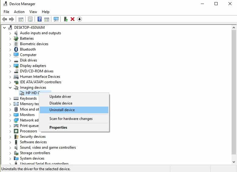 delete webcam driver