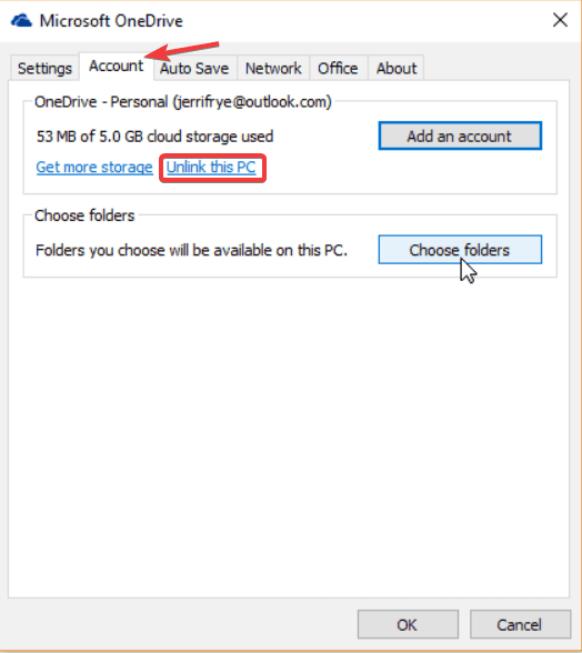 unlink this account onedrive settings