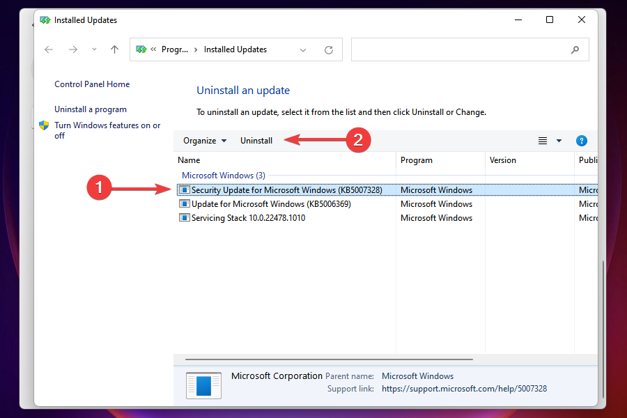 Uninstall the problematic Windows Update