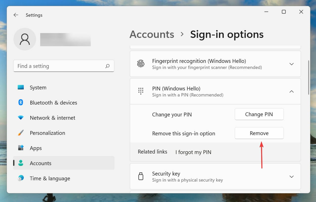 Удалить PIN-код в Windows 11