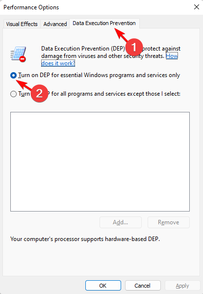필수 Windows 프로그램과 서비스에 대해 DEP 켜기