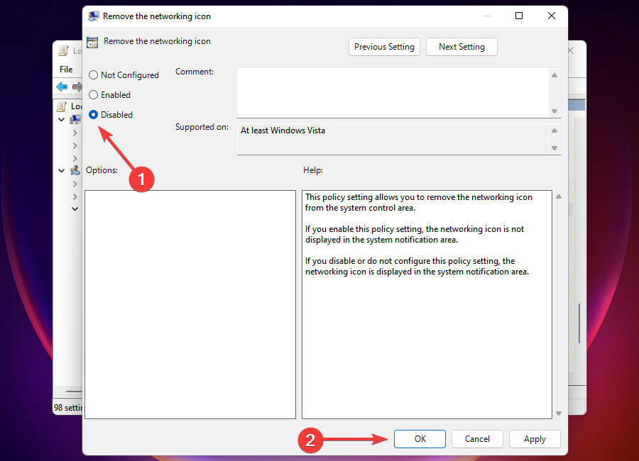 Disable remove the networking icon