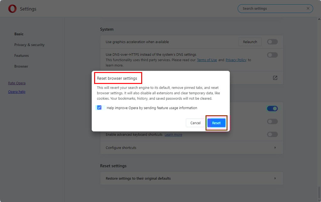 Reset browser settings