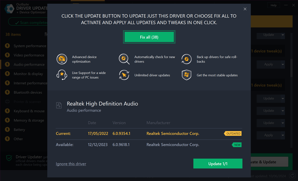 ver opción de actualización de controladores en el software outbyte
