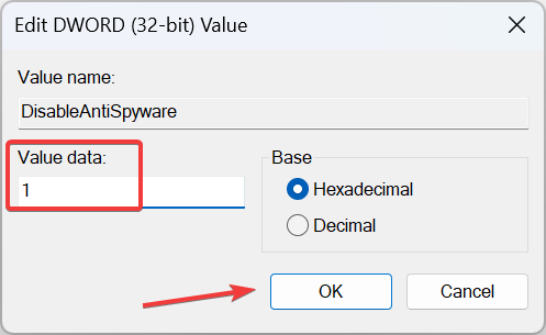 Wertdaten ändern, um windows defender vorübergehend zu deaktivieren