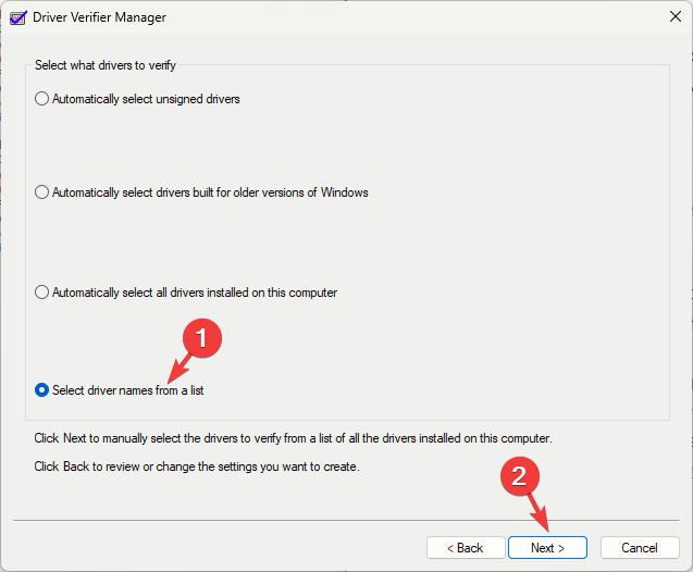 verifiergui_ A partir da lista Selecionar drivers para verificar, selecione todos os drivers não fornecidos pela Microsoft e Concluir.