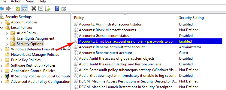 accounts local limit account use of blank passwords