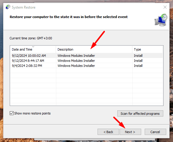 Choose a restore point 