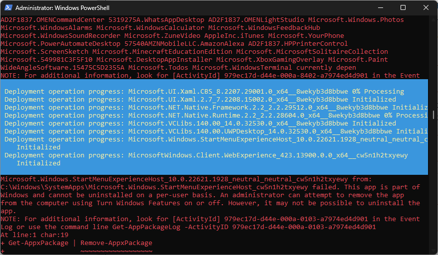 powershell_7Get-AppxPackage | Remove-AppxPackage Deletando todos os aplicativos do sistema no Windows 11