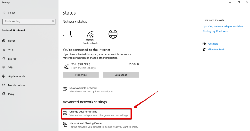 Alterar opções de adaptador