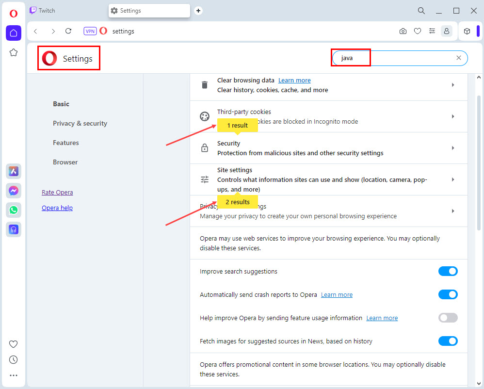 Settings search